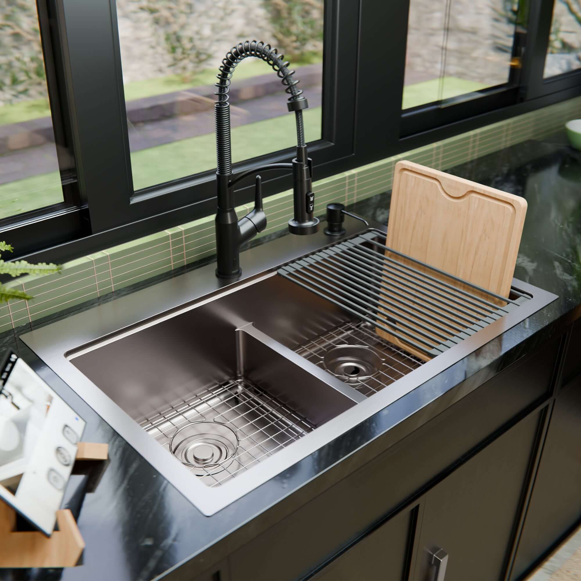 Alternate Image for Karran Fusion 33" Drop In/Topmount Stainless Steel Workstation Kitchen Sink with Accessories, 50/50 Double Bowl, 16 Gauge, WSTMDB3323-PK1