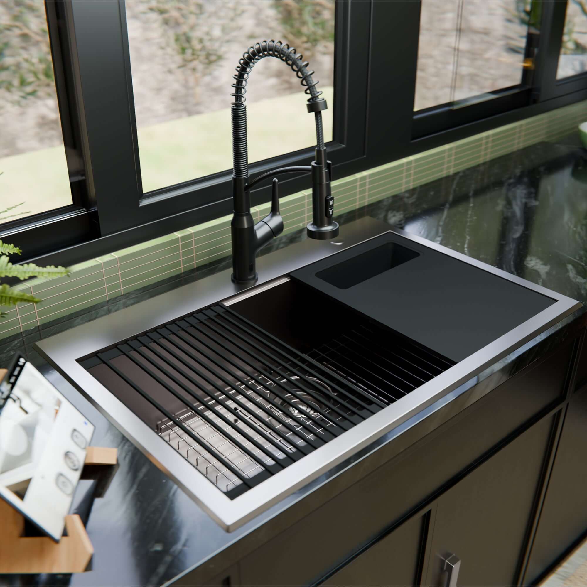 Alternate Image for Karran Fusion 33" Drop In/Topmount Stainless Steel Workstation Kitchen Sink with Accessories, 18 Gauge, WSTMSB3323-PK1