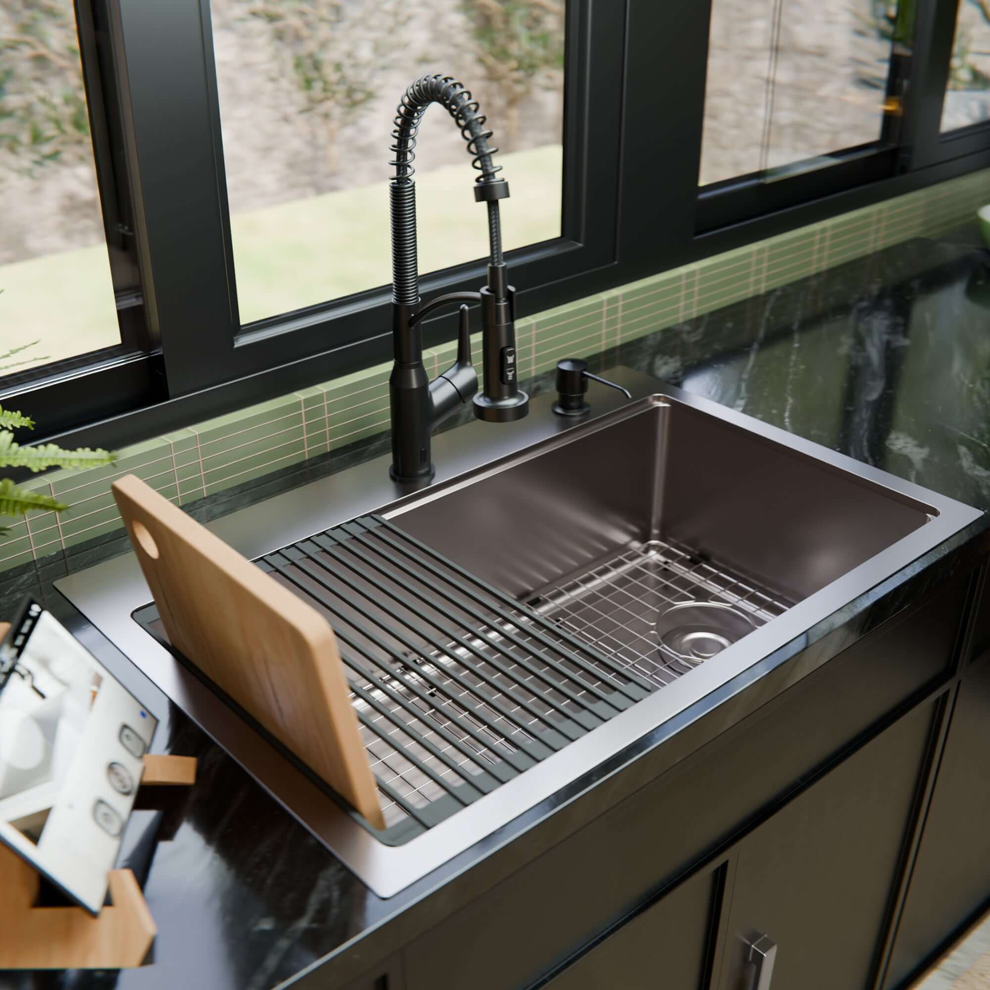 Alternate Image for Karran Fusion 33" Drop In/Topmount Stainless Steel Workstation Kitchen Sink with Accessories, 16 Gauge, WSTMSB3333-PK1