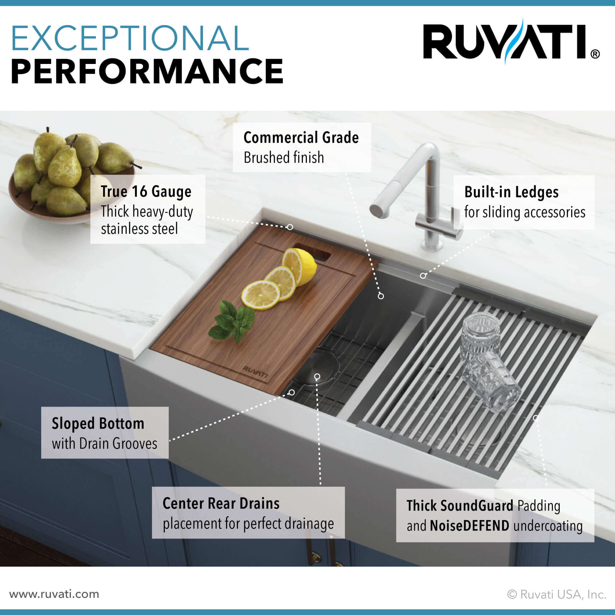 Alternate Image for Ruvati Verona 33" Stainless Steel Workstation Apron-front Farmhouse Sink, 60/40 Low Divide Double Bowl, 16 Gauge, RVH9201