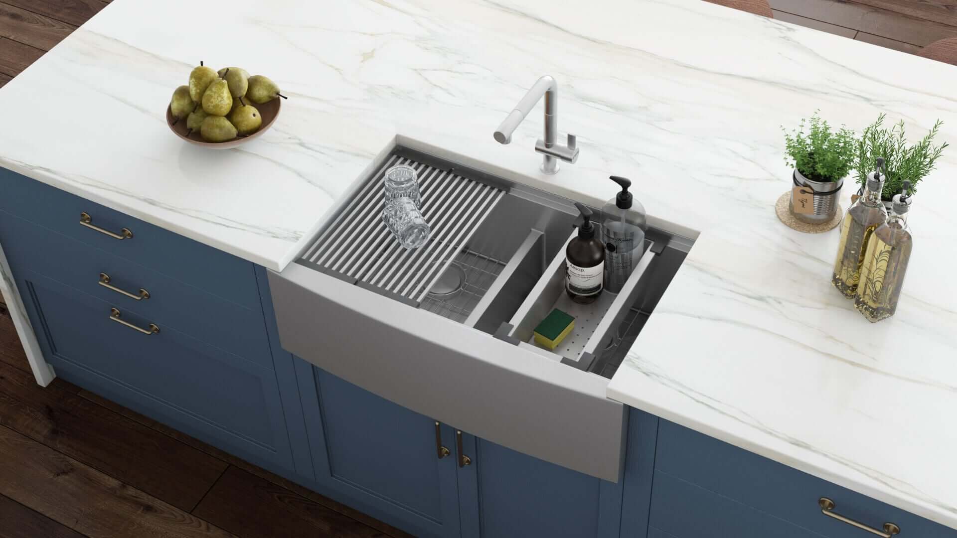 Alternate Image for Ruvati Verona 33" Stainless Steel Workstation Apron-front Farmhouse Sink, 60/40 Low Divide Double Bowl, 16 Gauge, RVH9201