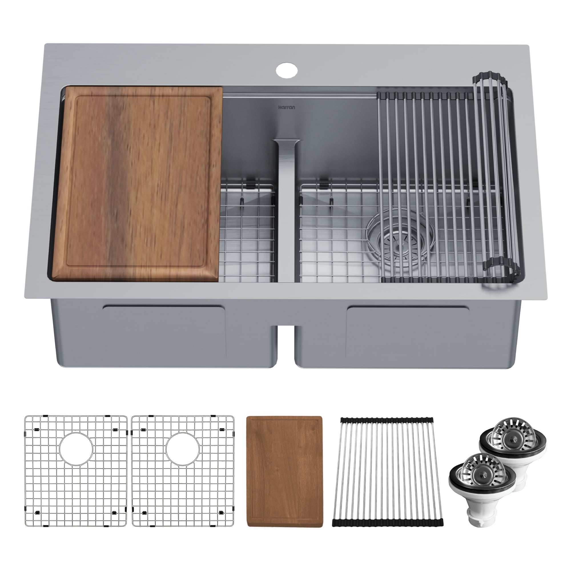Alternate Image for Karran Elite Workstation 33" Drop In/Topmount Stainless Steel Workstation Kitchen Sink with Accessories, 50/50 Double Bowl, 16 Gauge, WST-28-PK1