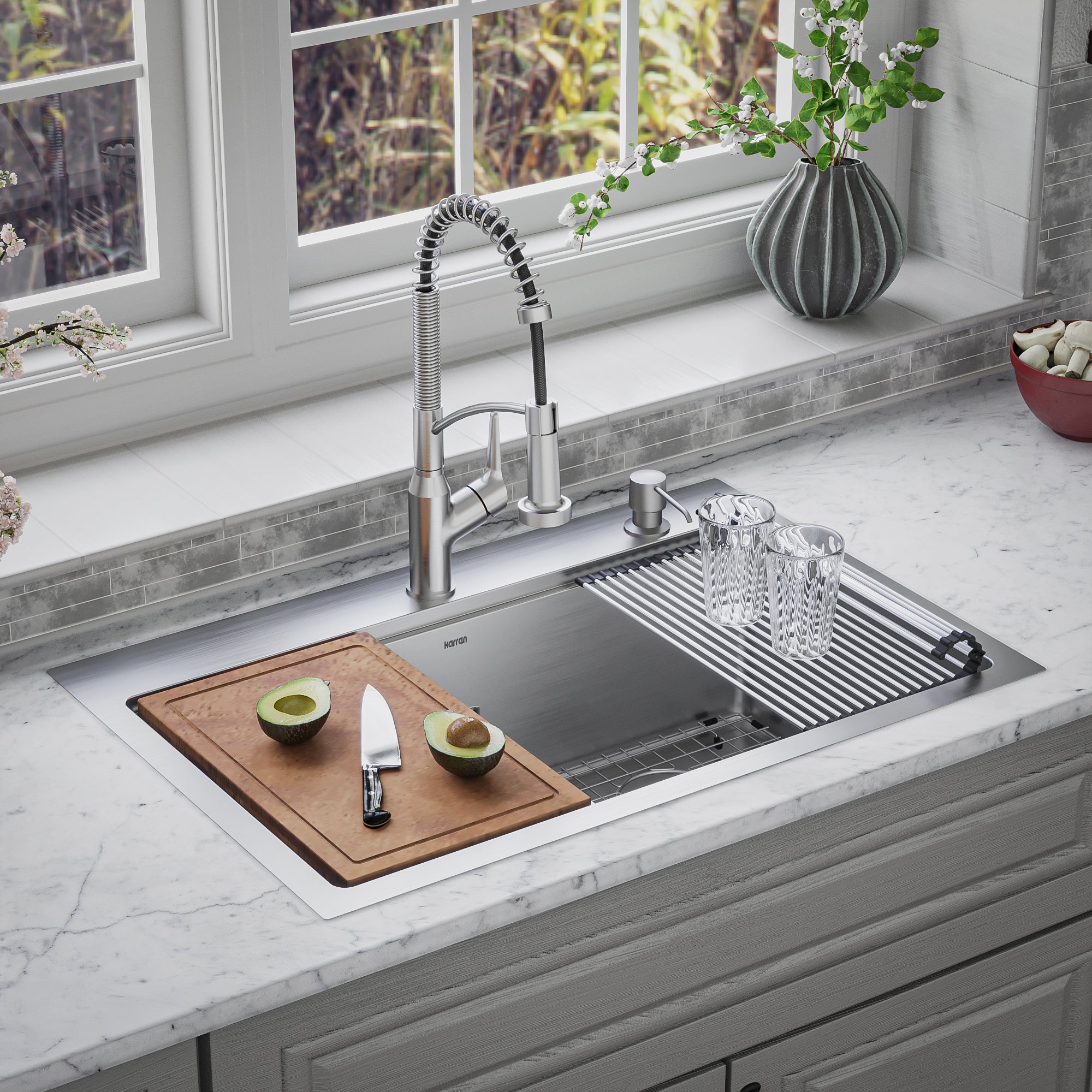 Alternate Image for Karran Elite Workstation 33" Drop In/Topmount Stainless Steel Workstation Kitchen Sink with Accessories, 50/50 Double Bowl, 16 Gauge, WST-28-PK1