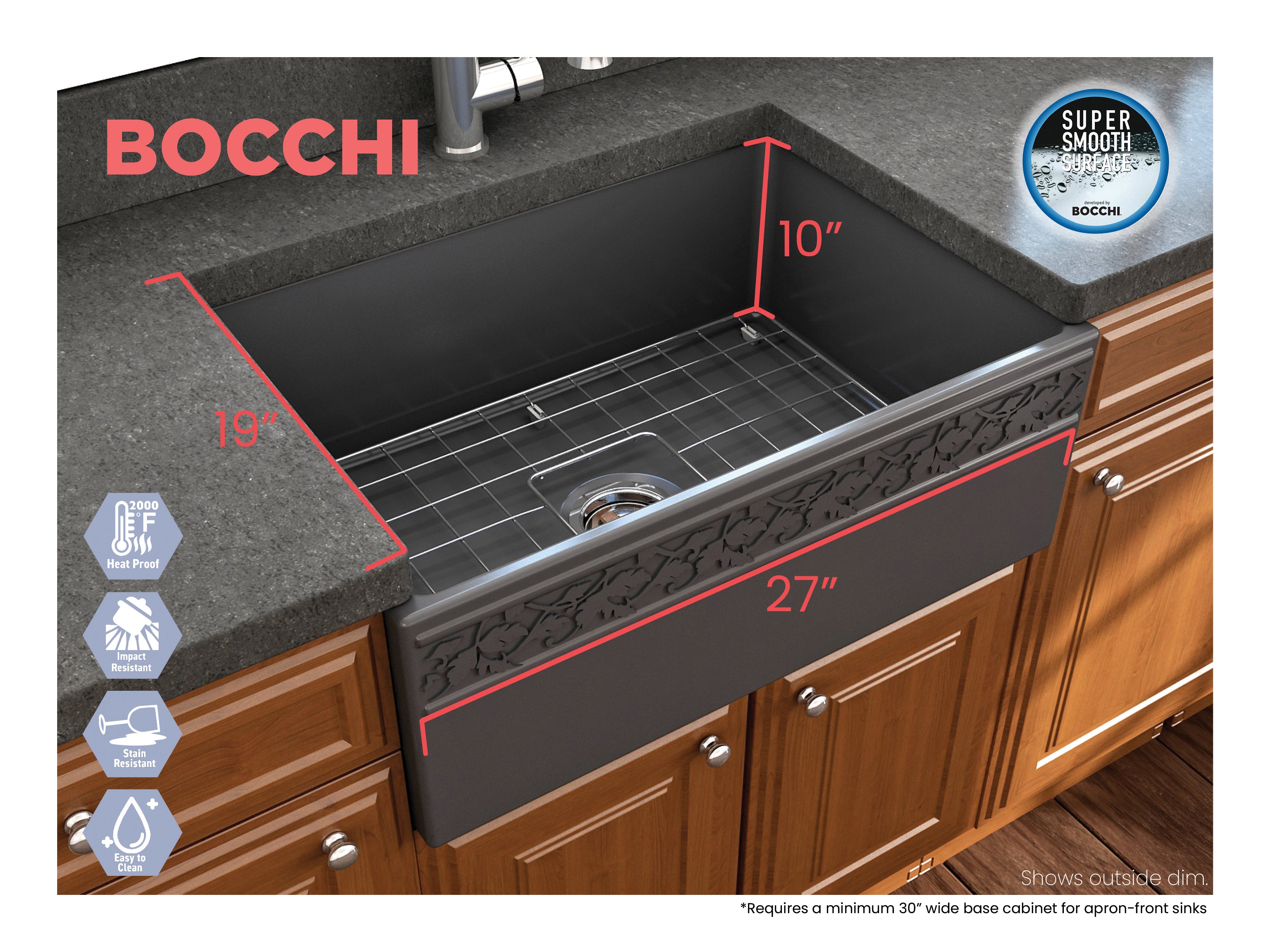 Alternate Image for BOCCHI Vigneto 27" Fireclay Farmhouse Apron Single Bowl Kitchen Sink, Matte Dark Gray, 1357-020-0120