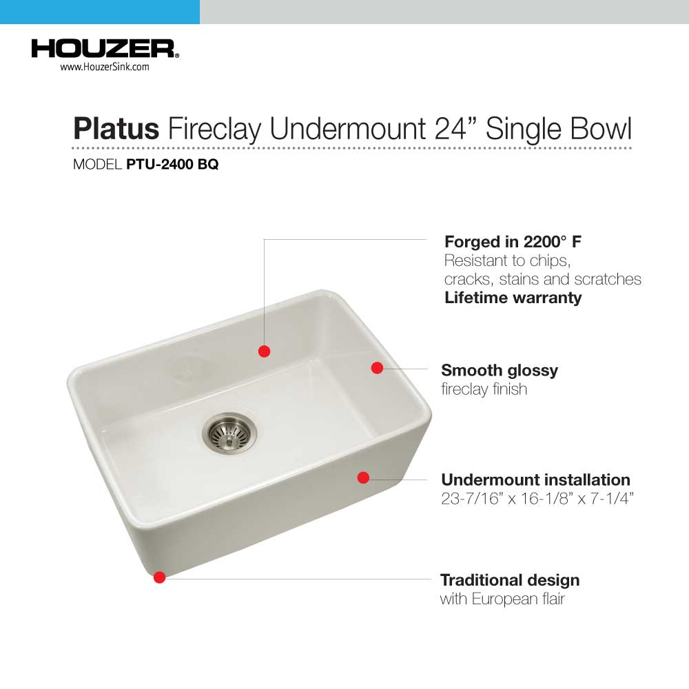 Alternate Image for Houzer 23" Fireclay Undermount Single Bowl Kitchen Sink, Biscuit, Platus Series, PTU-2400 BQ